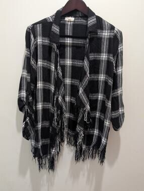 Sandy & Sid Shirt Plaid Open Front Kimono Cardigan Top Women's Size XL Fringe